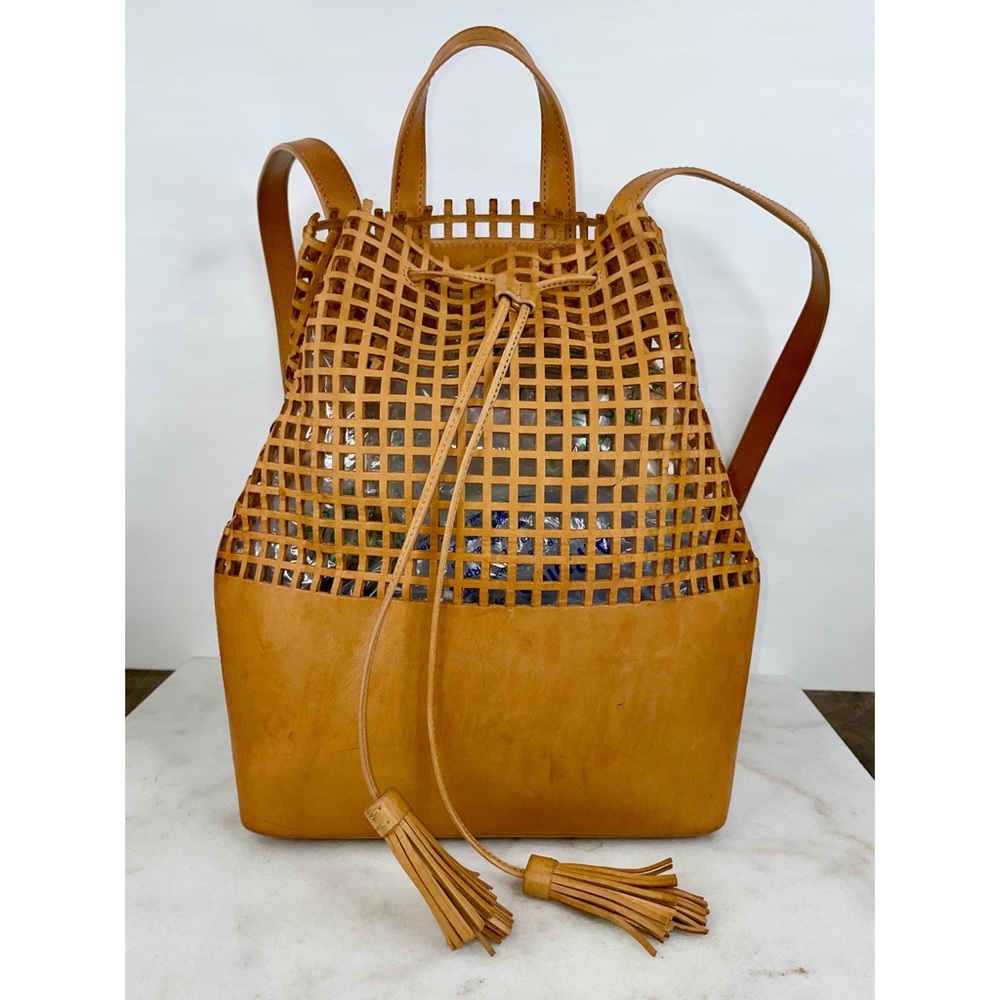 Loeffler Randall Camel Brown Leather Perforated Tassel Backpack - Picture 2 of 15